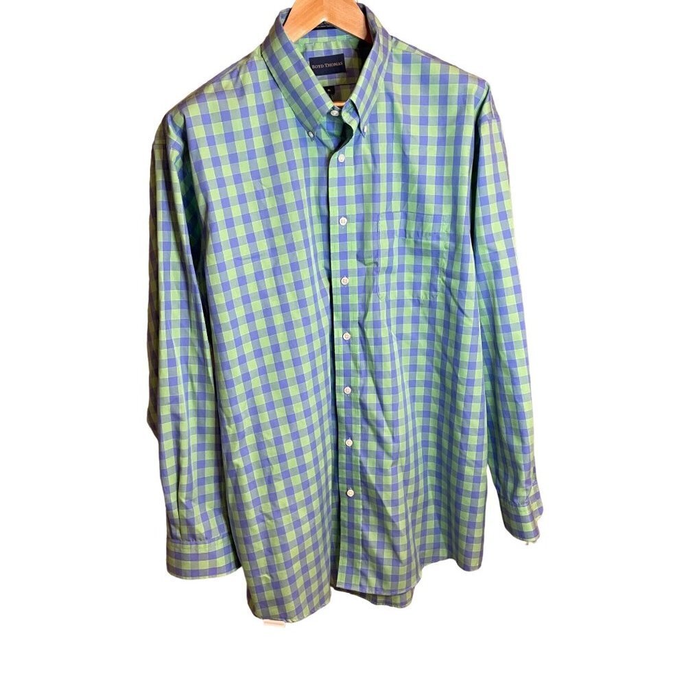 Boyd Thomas Men’s Cotton Wrinkle Free Blue Green Checked Button Down Shirt
